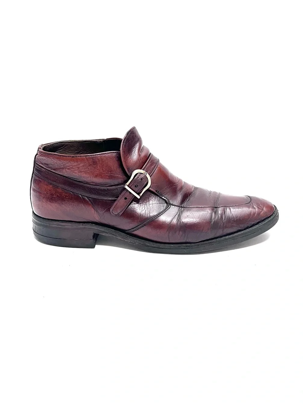 Vintage 1970s men's oxblood leather buckle strap low rise ankle boots